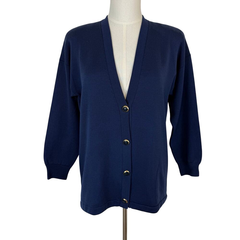 St. John Sportswear Knit Vintage Cardigan Navy Blue with Gold-Tone Buttons L